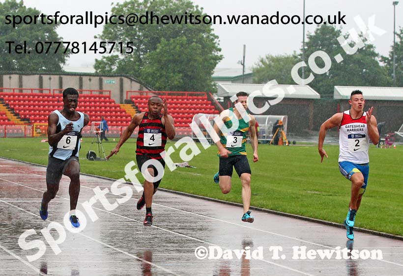 No 6 Edmond Amaning (TVH) wins from No. 2 Christian Carson (Gateshead) 2nd and No. 4 Marvin Popoola (HHH) 3rd in the 100 metres, British National League, Division 1, Gateshead. Photo: David T. Hewitson/Sports for All Pics